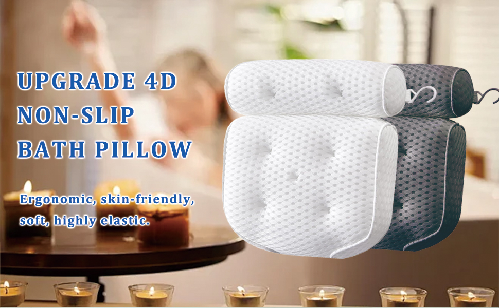 Подушка для ванни з піни Memory Foam, антиковзка, для шиї та спини, 4D вентиляція, 6 присосок, сіра
