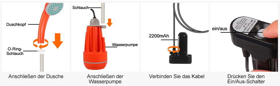 Портативний душ для кемпінгу з насосом, акумуляторна садова душова система 2200mAh, USB-кабель, шланг 1.8м, помаранчевий