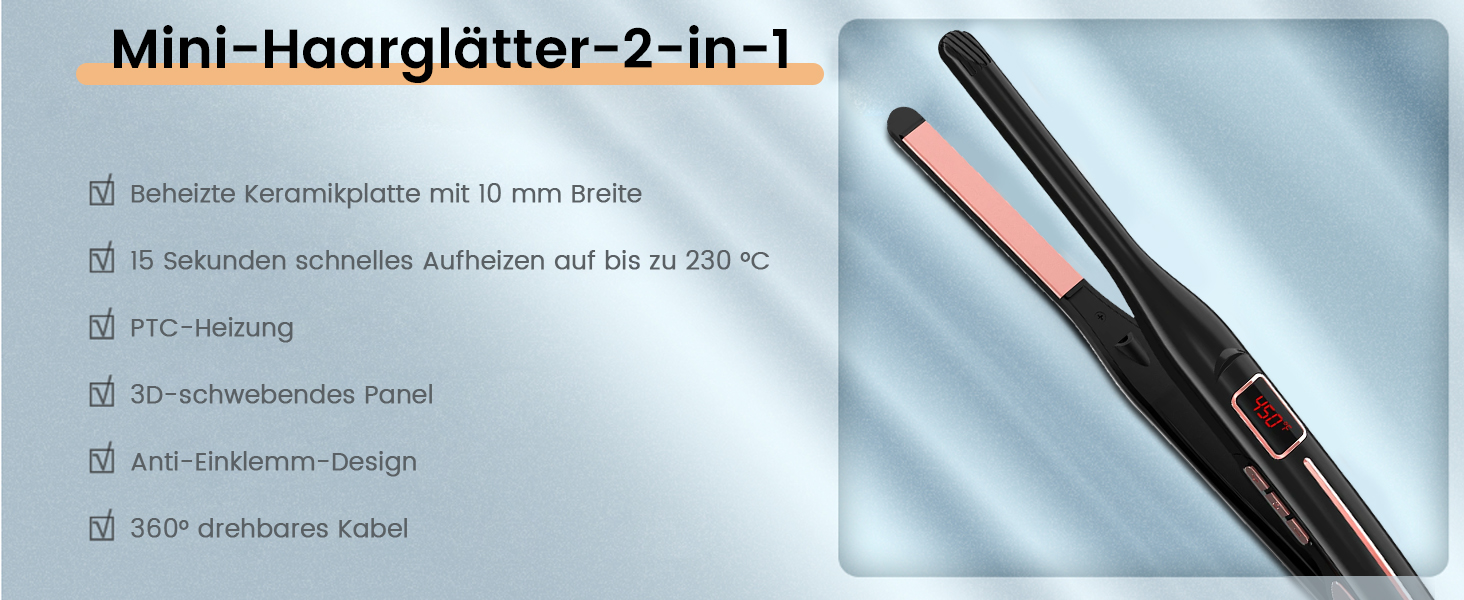 Міні-випрямляч, професійний випрямляч для короткого волосся, чоловіча борода та чубчик, випрямляч для завивки та випрямлення, швидке нагрівання 15 с, 80-230C, РК-дисплей, інструмент для укладання волосся з вузькими пластинами 10 мм