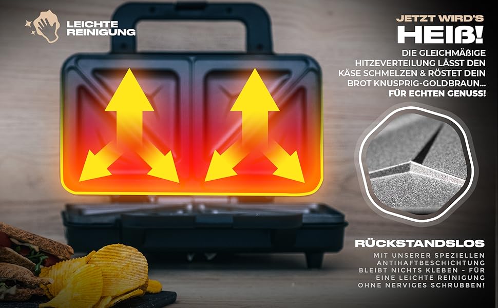 Електричний сендвічмейкер ProfiCook PC-ST 1092 для американських сендвічів XXL, антипригарне покриття, 900 Вт, сріблясто-чорний