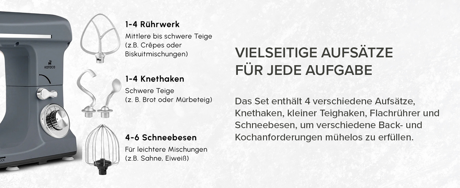 Кухонна машина Karaca Blendburst 1400W з 6 швидкостями, 5.7л чаша з нержавіючої сталі, подвійний гак для тіста, міксер, насадки для збивання та замішування, сірий колір