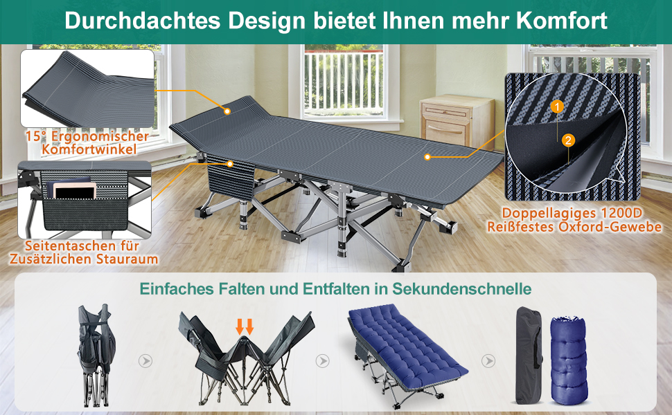 Розкладне кемпінгове ліжко з матрацом та кишенями, сталевий каркас, навантаження до 200 кг, 190x71x36 см, синій