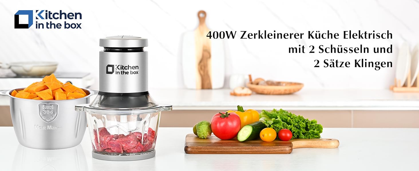 Електричний подрібнювач для кухні Kitchen in the Box 400W з 2 чашами (2L+2L) та двосторонніми лезами з нержавіючої сталі. Подрібнювач для м'яса, овочів, цибулі, фруктів срібного кольору.