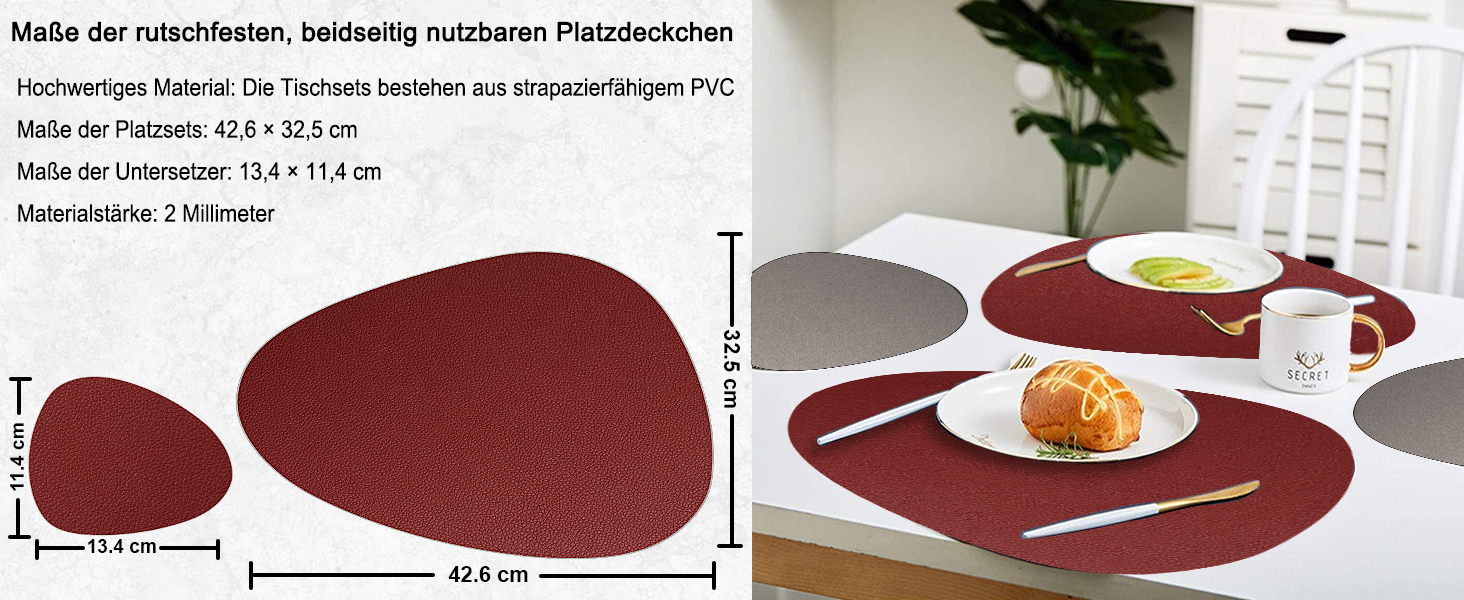 Набір з 6 підставників під тарілки, миючіся з підставками, двосторонні, з імітацією шкіри, водонепроникні, для обіднього столу, кухні, ресторану та дому (червоний)