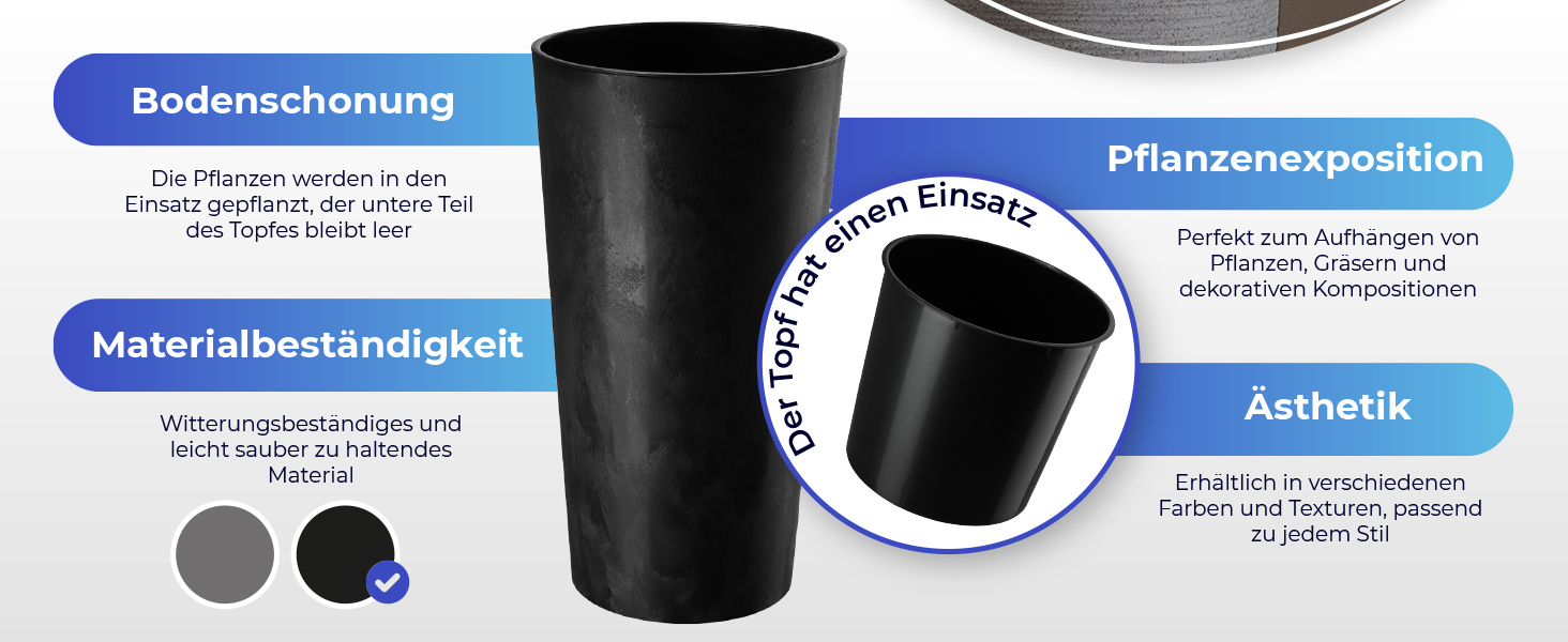 Набір горщиків KADAX (3 шт.) з дерев'яною стружкою, чорний бетон, 19,25, 30 см