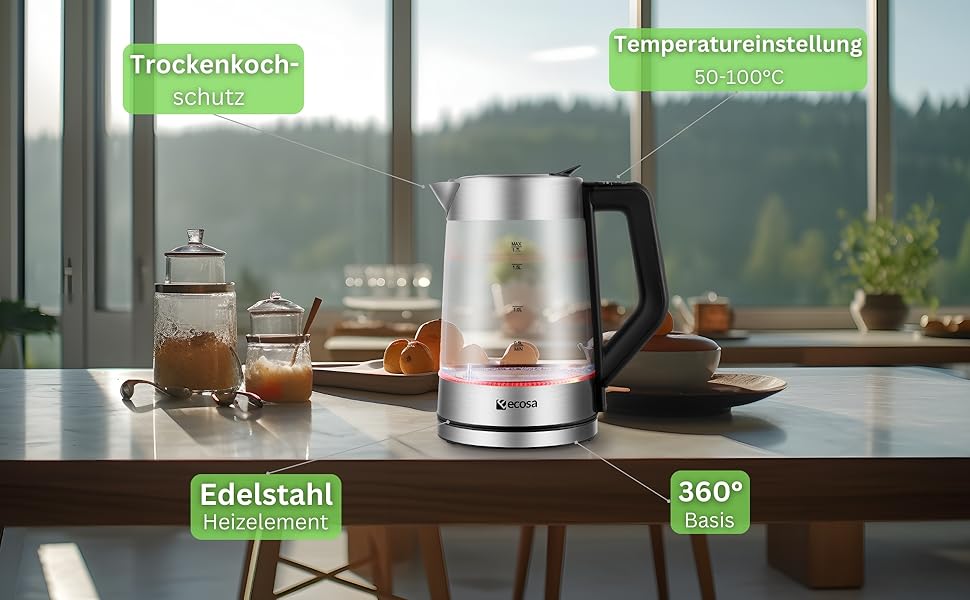 Електричний чайник-заварник зі скла та нержавіючої сталі, 1.7 л, 2200 Вт, з регулюванням температури, з підсвічуванням, BPA Free