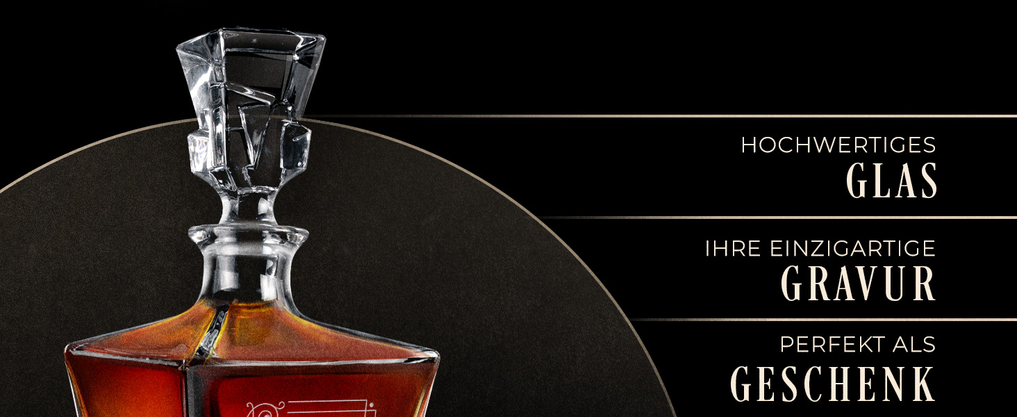 Мавертон Карафа для віскі 950 мл + Набір з 6 склянок для віскі з гравіюванням - Декантер для віскі - Подарунок на Різдво - Люксовий дизайн - Крісталльне скло - для чоловіків на день народження - Корона