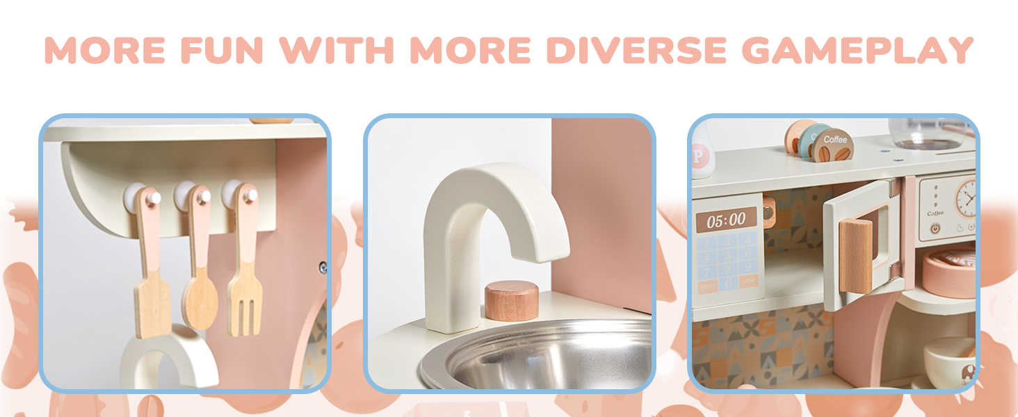 Дитяча дерев'яна кухня для приготування їжі - ігровий набір з 26 аксесуарів. Іграшкова кухня з продуктами та кухонним посудом. Чудовий подарунок для дівчаток та хлопчиків 3+ років. Велика кухня (рожева)