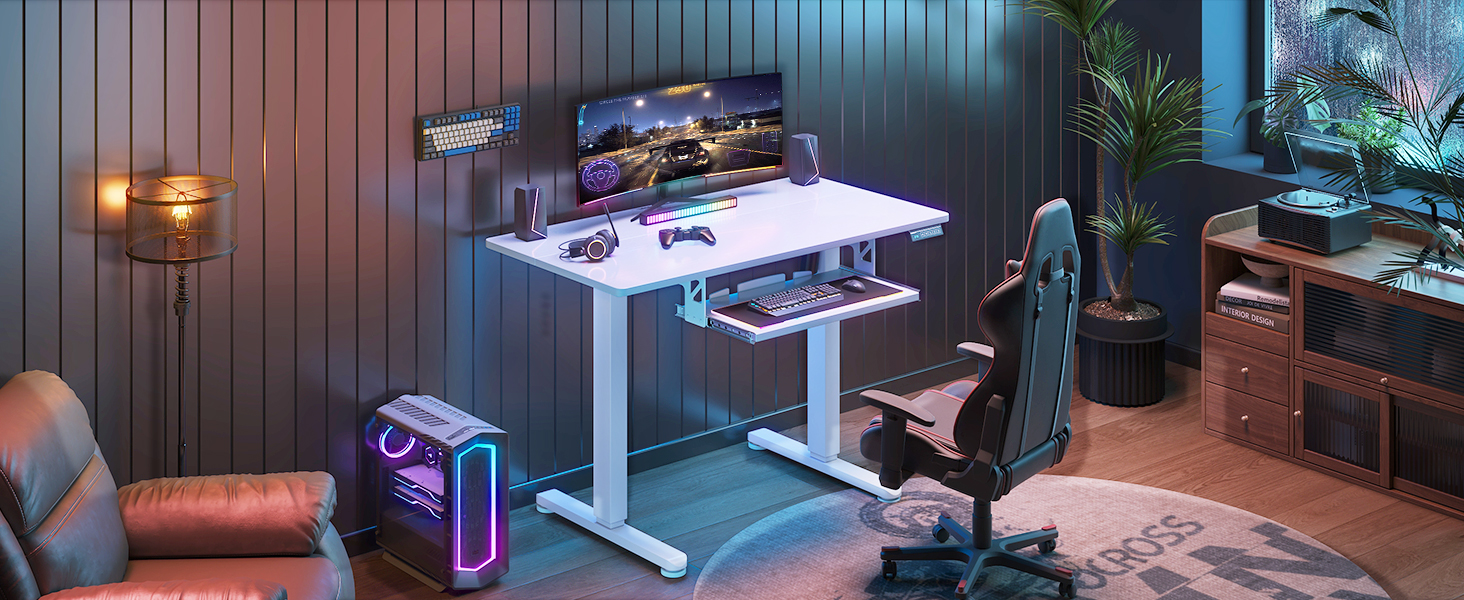 Електричний регульований стіл OffiGo 100x50 см з підставкою для клавіатури, 3 функції пам'яті, білий | Стіл для роботи та навчання