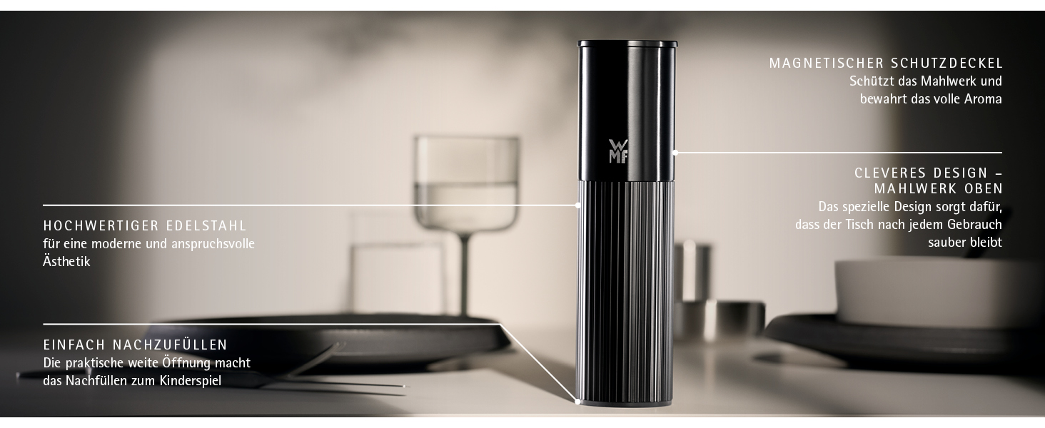 Млинок для спецій WMF Signature Pro (сіль та перець) з керамічним жерновами, регулюванням помолу та магнітною кришкою, нержавіюча сталь, чорний