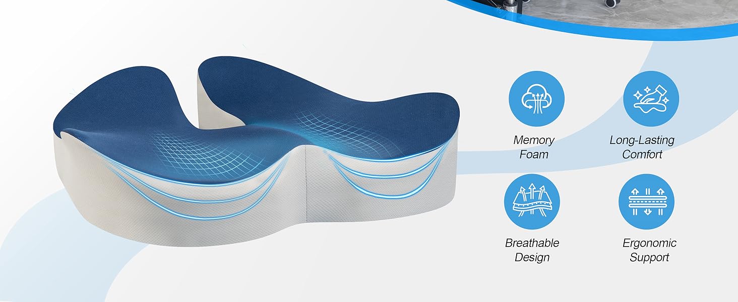 Подушка ортопедична для офісного крісла Lofty Aim з піни Memory Foam: підтримка попереку, куприка, зняття болю, для офісу, авто, літака, інвалідного візка – чорний, синій та сірий