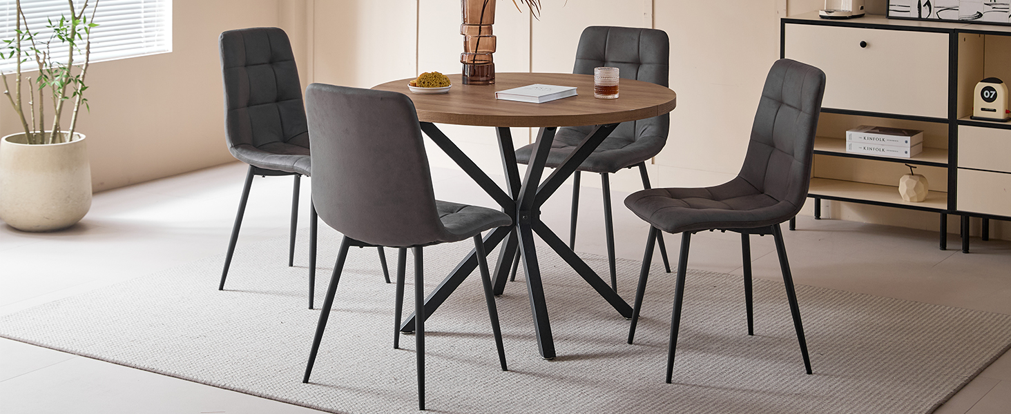 Обідній комплект на 5 персон: круглий стіл 100 см та 4 стільці (голландський фліс). Підходить для кухні, вітальні, балкону, ресторану, офісу. Темне дерево + світле дерево (темно-коричневий)