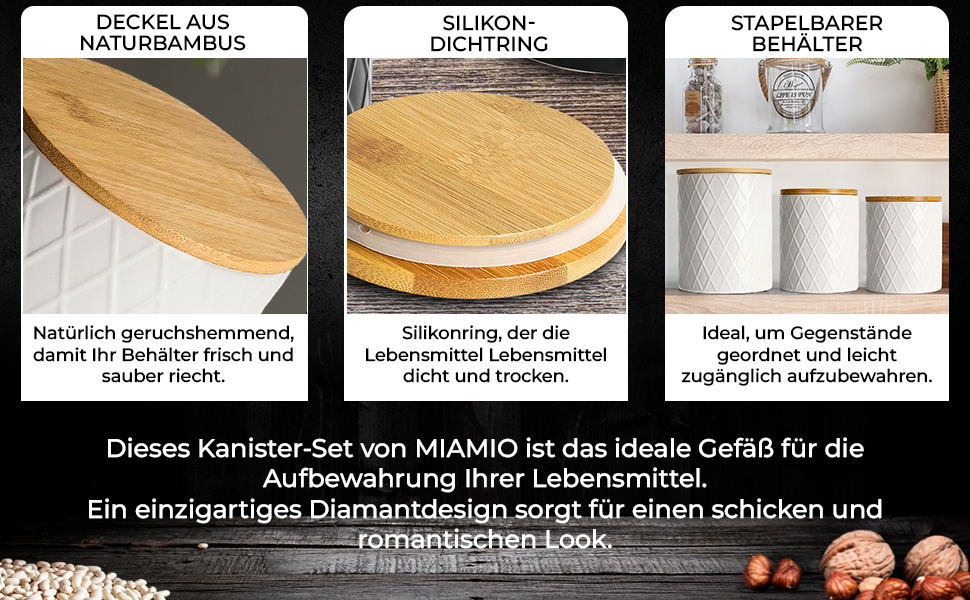 Набір з 3 вазок для зберігання Miamio Palmanova, кераміка з дерев'яним кришкою, білий колір