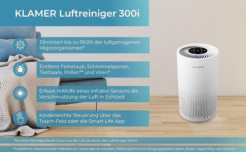 Очищувач повітря KLAMER 300i з HEPA-фільтром, пікова продуктивність CADR 220 м/год, для приміщень площею до 31 м, видаляє до 99,9 пилку, пилу, вірусів та алергенів, 3 режими з автоматичним режимом