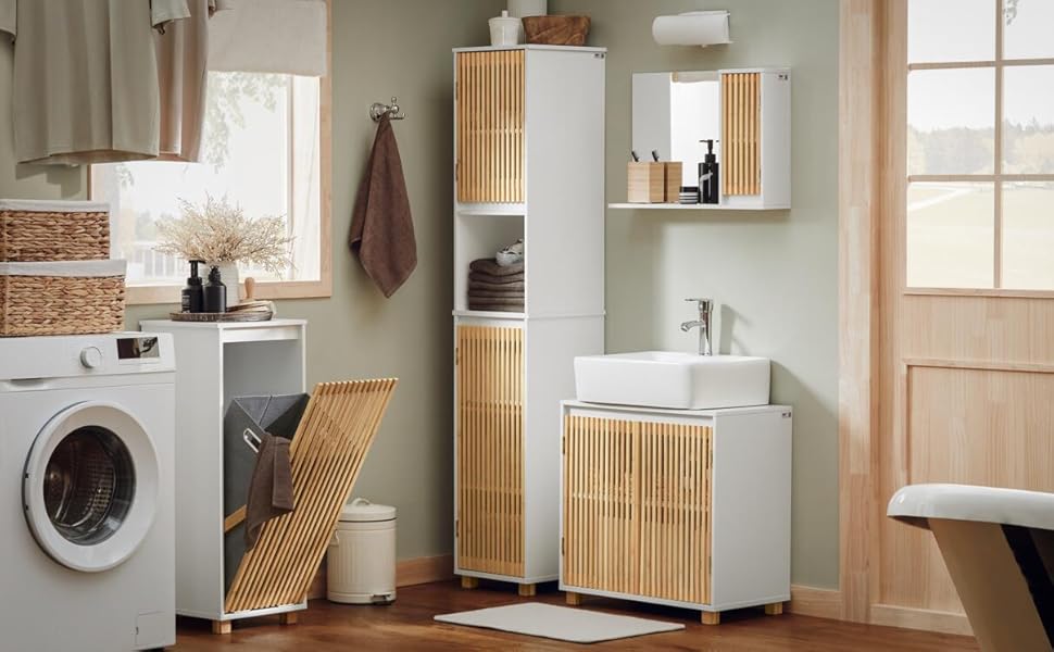 Тумбочка для ванної кімнати SoBuy, вузька, стійка до вологи, з бамбуковими дверцятами, 30 см, 33x165x33 см, BZR127-W