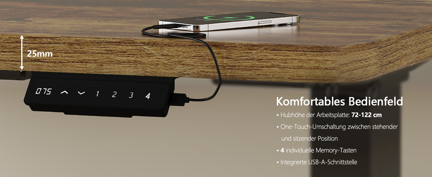 Регульований стіл, 180x80 см, електричний стоячий стіл з двома моторами, сенсорна панель, USB-A, кабелеуправління, стільниця 25 мм, ергономічний офісний стіл, білий (180 x 80 см, коричневий)