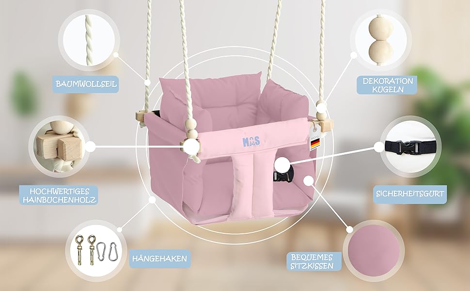 Дитяча гойдалка для дому та саду з бука, рожева. Максимальне навантаження 25 кг. Комплект кріплення