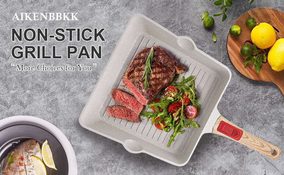 Сковорода-гриль AIKENBBKK 24x24 см з знімним ручками, антипригарне покриття, для стейків, сумісна з духовкою, миється в посудомийній машині (біла)