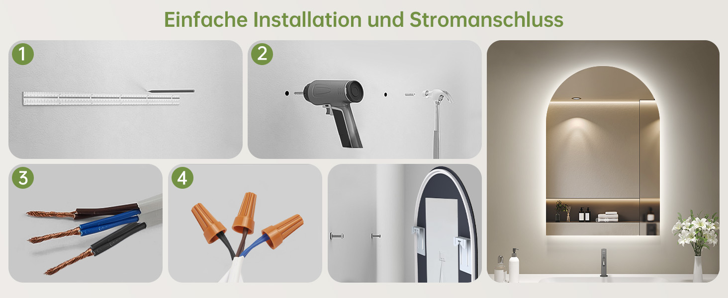 Дзеркало для ванної кімнати OUMUSU з підсвічуванням, 50x75 см, без рами, арочне, антизапотівальне, сенсорне керування, диммування, 3 кольори світла