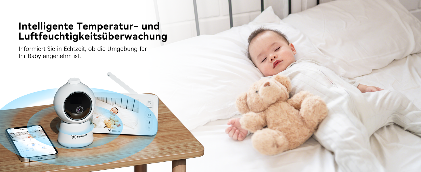 Відеоняня COCOCAM 2K 4MP з камерою та монітором 5 дюймів, Wi-Fi 2.4/5GHz, ШІ-розпізнавання, датчик перекриття обличчя та сну на животі, автотрекінг, ІК нічний зір