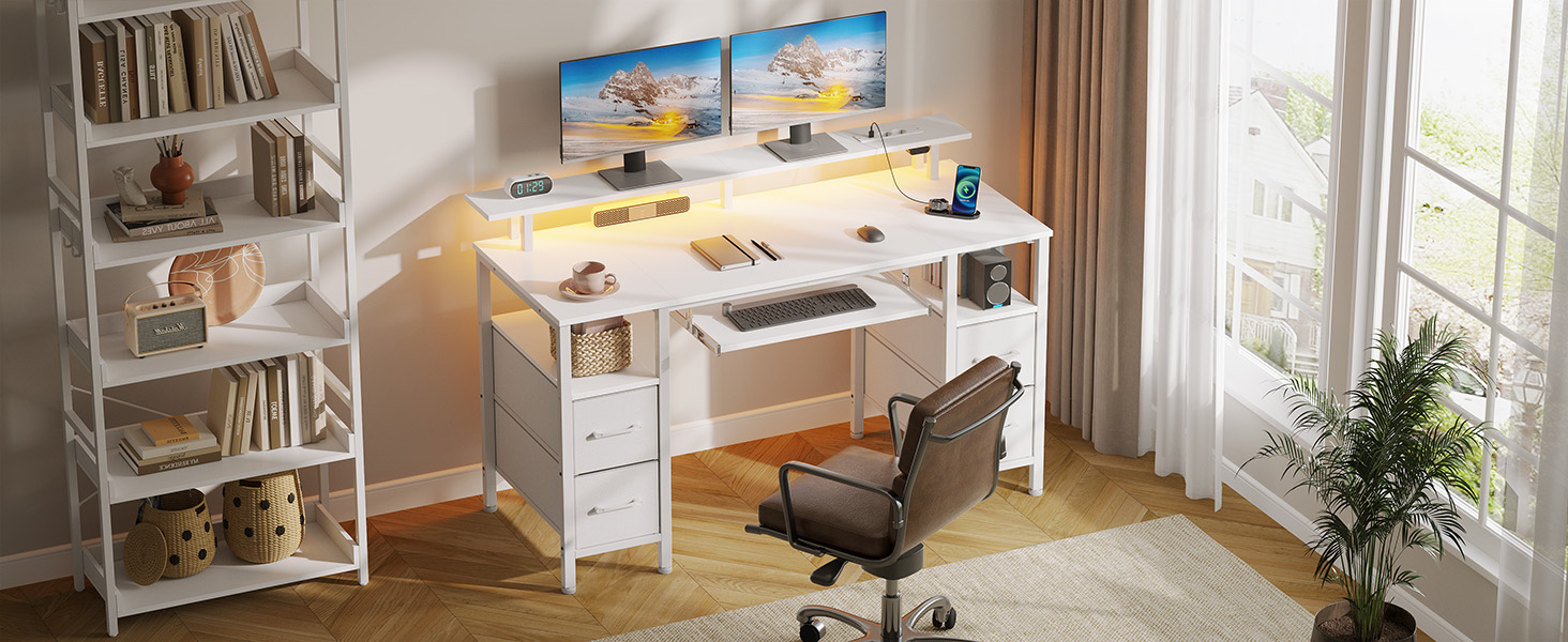 Стіл Rolanstar з шухлядами, 120x47 см, ігровий стіл з розеткою, LED-підсвітка та підставка для монітора, стіл для комп'ютера з підставкою для клавіатури, білий