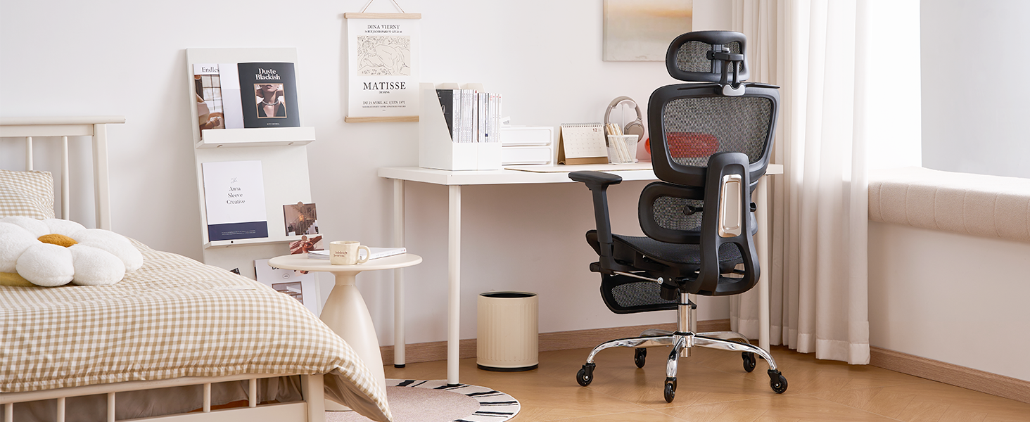 Ергономічне крісло для офісу з підніжкою та подушкою для шиї, 5-рівневе регулювання спинки, 2D підтримка попереку, 3D підлокітники/підголівник, функція нахилу 145°, сітчасте сидіння, гумові колеса, чорний колір, Pro