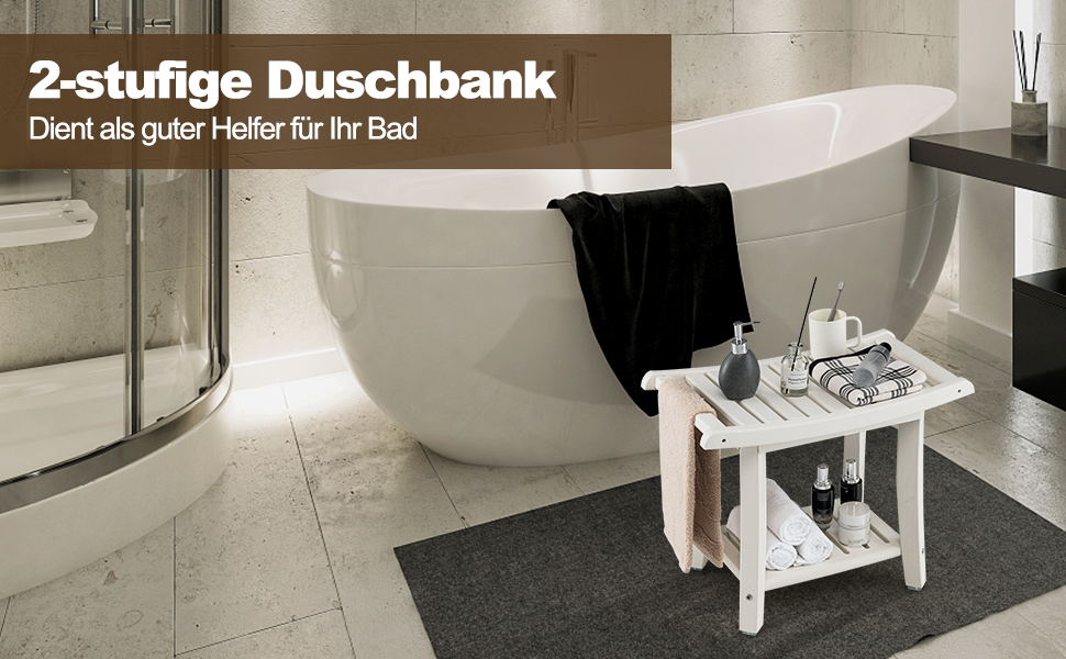 Двомісна душова лавка COSTWAY з полицею, 170 кг, біла. Душовий стільчик для дорослих та літніх людей, 60,5 x 34 x 48 см