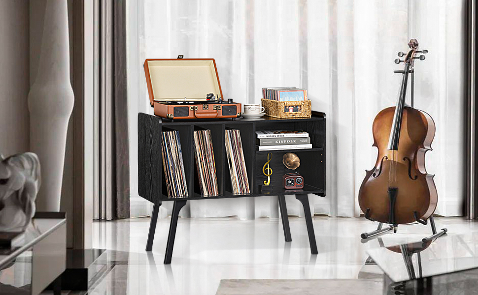 Сумка-органайзер для вінілових платівок LELELINKY: стійка з 4 полицями на 220 платівок, з міцних дерев'яних ніг, Mid-Century дизайн, чорний колір