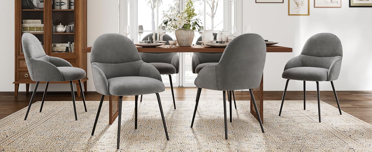 Набір обідніх стільців з підлокітниками - 6 шт. Ергономічні м'які стільці з металевим каркасом та льоновим покриттям, для кухні, вітальні, обідньої кімнати, бежеві