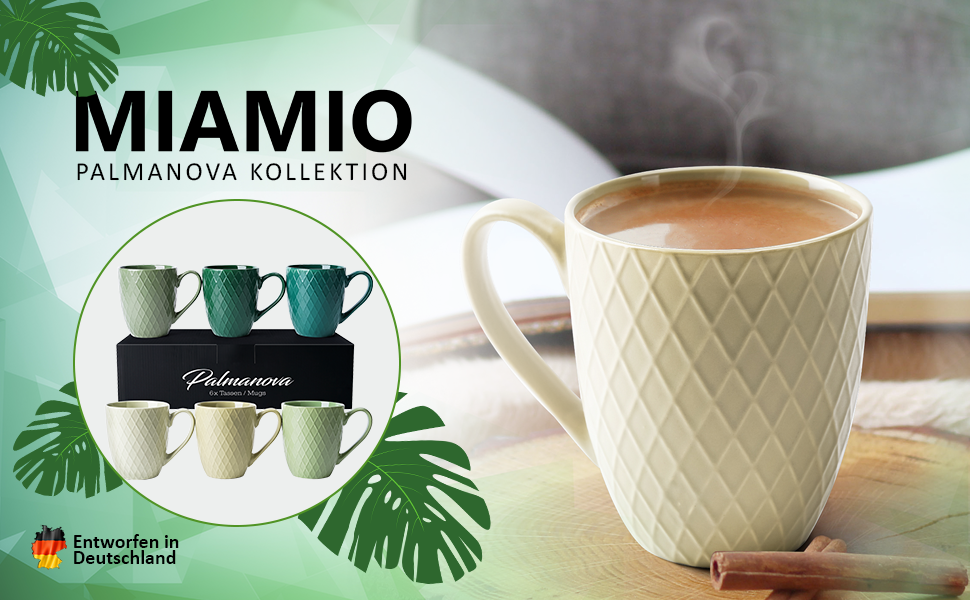 Набір кавових чашок Miamio Palmanova (Jungle) – 6 шт. по 400 мл – сучасна кераміка, матова поверхня