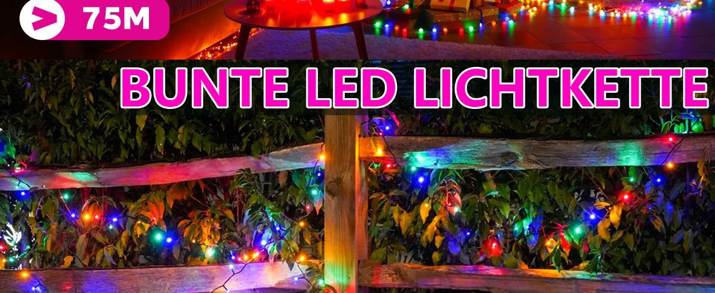 Кольорова світлодіодна гірлянда 1500 LED (75м) для вулиці та дому, 8 режимів, таймер, диммер, IP44 — Різдвяна ілюмінація для балкона та тераси