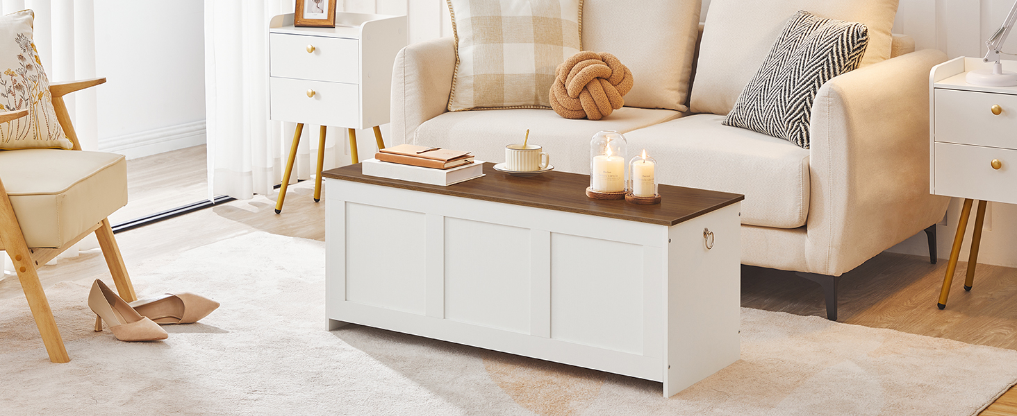 HOOBRO Лавка з ящиком для іграшок, 100 см, білий + натуральне дерево, з безпечним шарніром, для дому