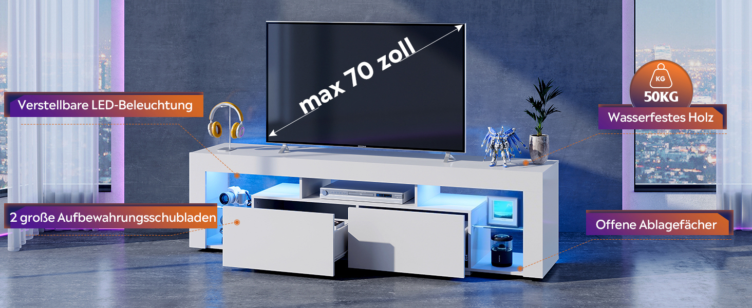 Тумба під телевізор WLIVE з LED підсвіткою, біла, 160x35x45 см, для телевізорів до 70 дюймів, з відкритими полицями та 2 шухлядами для вітальні