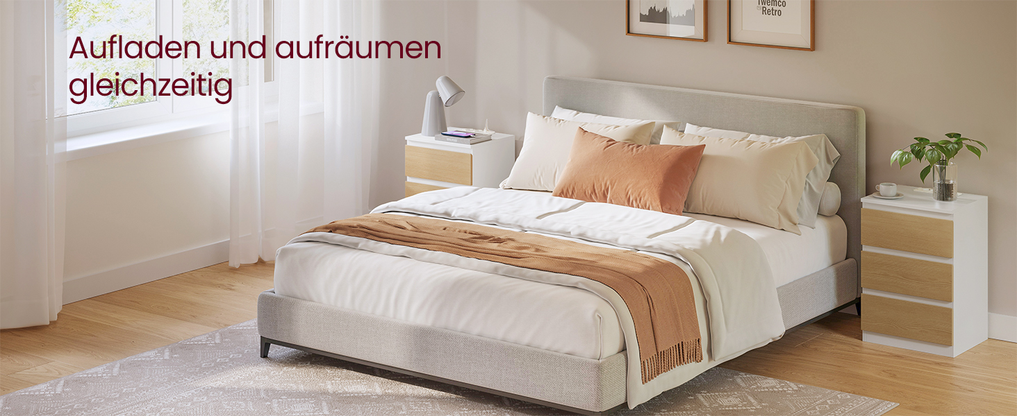 Приліжкова тумбочка VASAGLE Kailyn з розетками та USB-портами, 3 висувні ящики, сучасний дизайн, сіро-коричневий колір, LET831G01