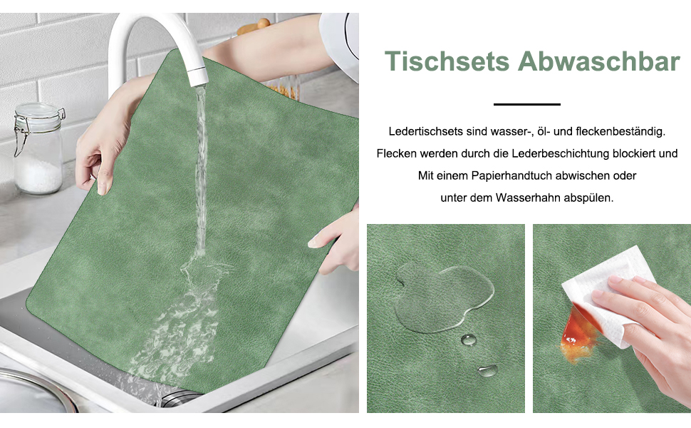 Набори підставки під гаряче та серветки 6 шт. | Коричневе шкіряне покриття з ефектом крави | Стійкі до подряпин, водонепроникні | Для обіднього столу, кухні, квартири | Зелений та сірий набір 6 шт.
