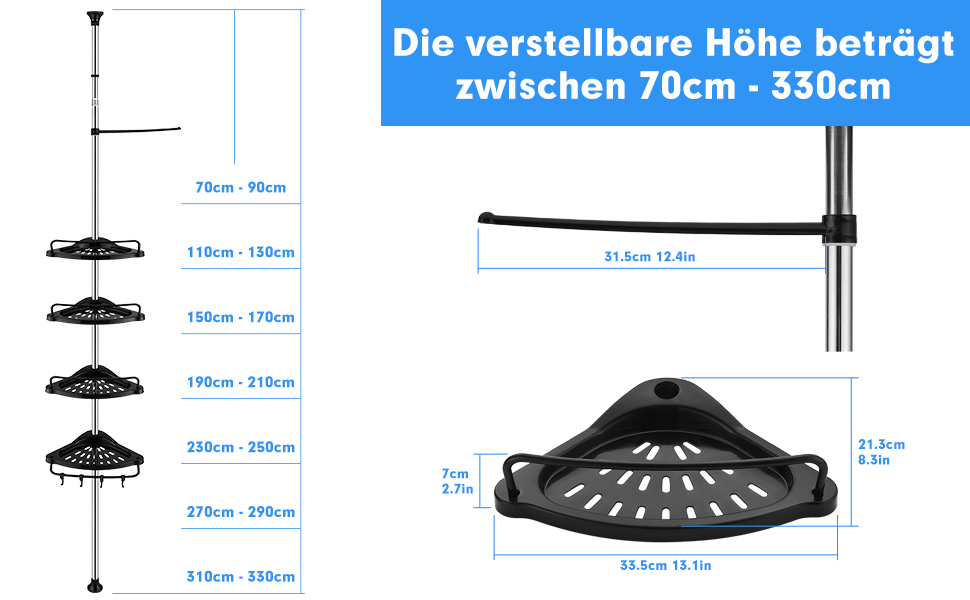 Телескопічна душова полиця ZHUGE , регульована кутова полиця для душу з 4 полицями, 4 гачками, анга для рушників для зберігання у ванній кімнаті, нержавіюча, 70-330 см від підлоги до стелі, (чорний)