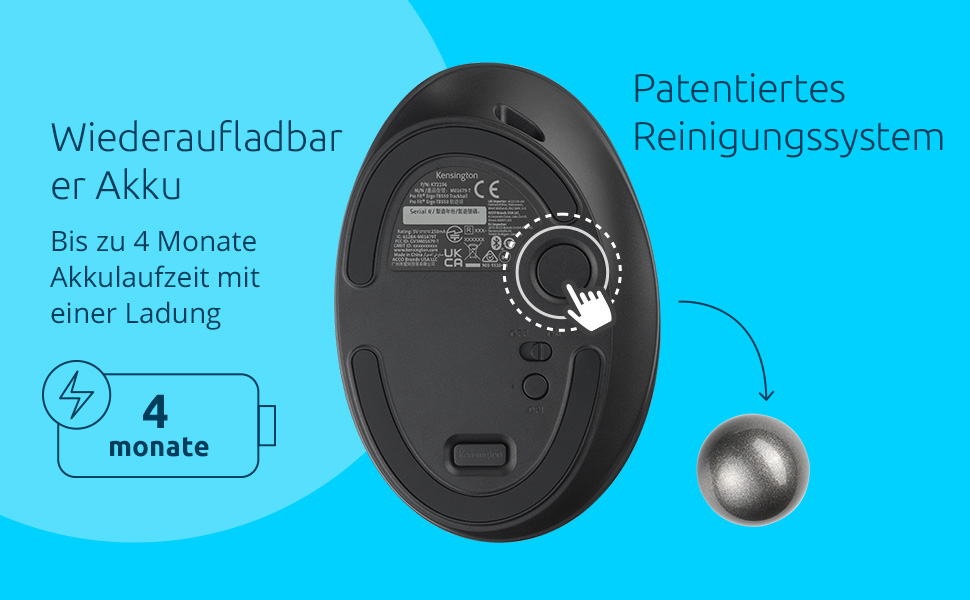 Трекбол Kensington Pro Fit Ergo TB450: Бездротова миша Bluetooth з ергономічним трекболом (34 мм), до 18 місяців роботи від батареї, з переробленого пластику