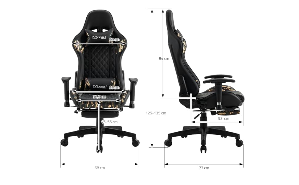 Ігрове крісло ML-Design, шкірозамінник, ергономічне, з підставкою для ніг, підлокітником, підголівником, поперековою подушкою (камуфляж)