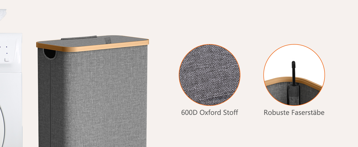 Кошик для білизни з кришкою 70л, вузький, з бамбуковими ручками та внутрішньою кишенею, складний, портативний, для пральні, йоги, темно-сірий 70л