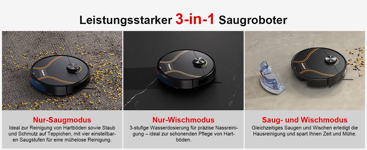 Робот-пилосос Chuboor з функцією миття 3 в 1, 6500Pa, LiDAR навігація, керування через додаток/WiFi/Alexa, автозарядка, 150 хв роботи, для шерсті тварин, килимів та твердих підлог, чорний