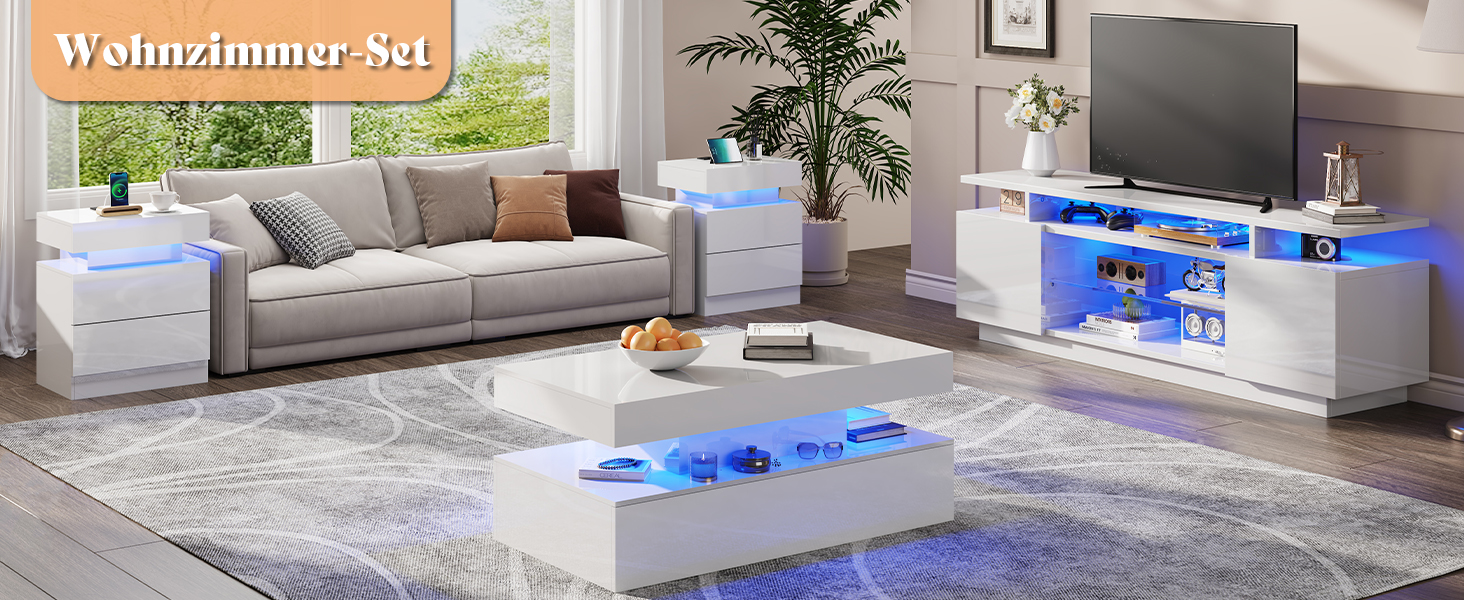 Тумба під TV Luxoak з LED підсвічуванням, білий глянцевий лак, 160x38.5x54.5 см. Підходить для телевізорів до 75 дюймів, з 2 дверцятами та регульованою скляною полицею. Для вітальні та спальні.