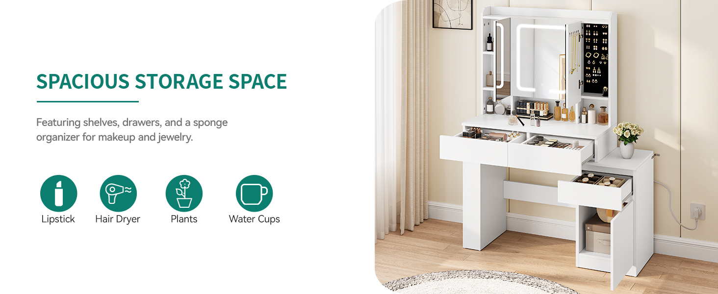 Туалетний столик YITAHOME з підсвіткою та дзеркалом, 4 шухляди, відкриті полиці, чорний (білий)