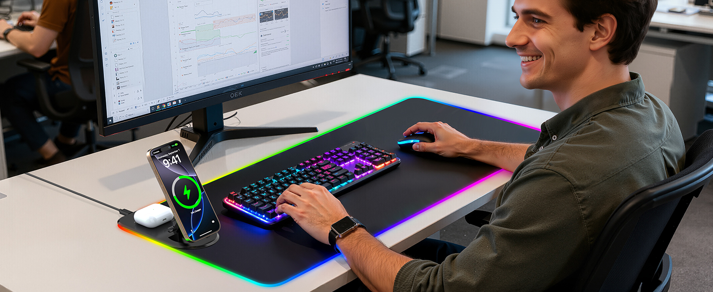 RGB ігровий килимок для миші з бездротовою зарядкою Qi 15W, LED підсвічуванням, 10 режимів, водонепроникний, протиковзкий, для геймінгу, офісу та дому (чорний)