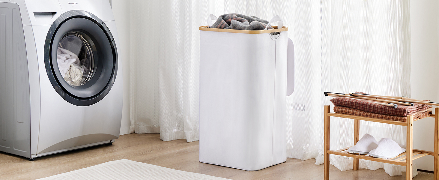 Кошик для білизни Youdenova з кришкою 85л, бамбук та дерево, сортувальник для білизни, великий, складний, білий