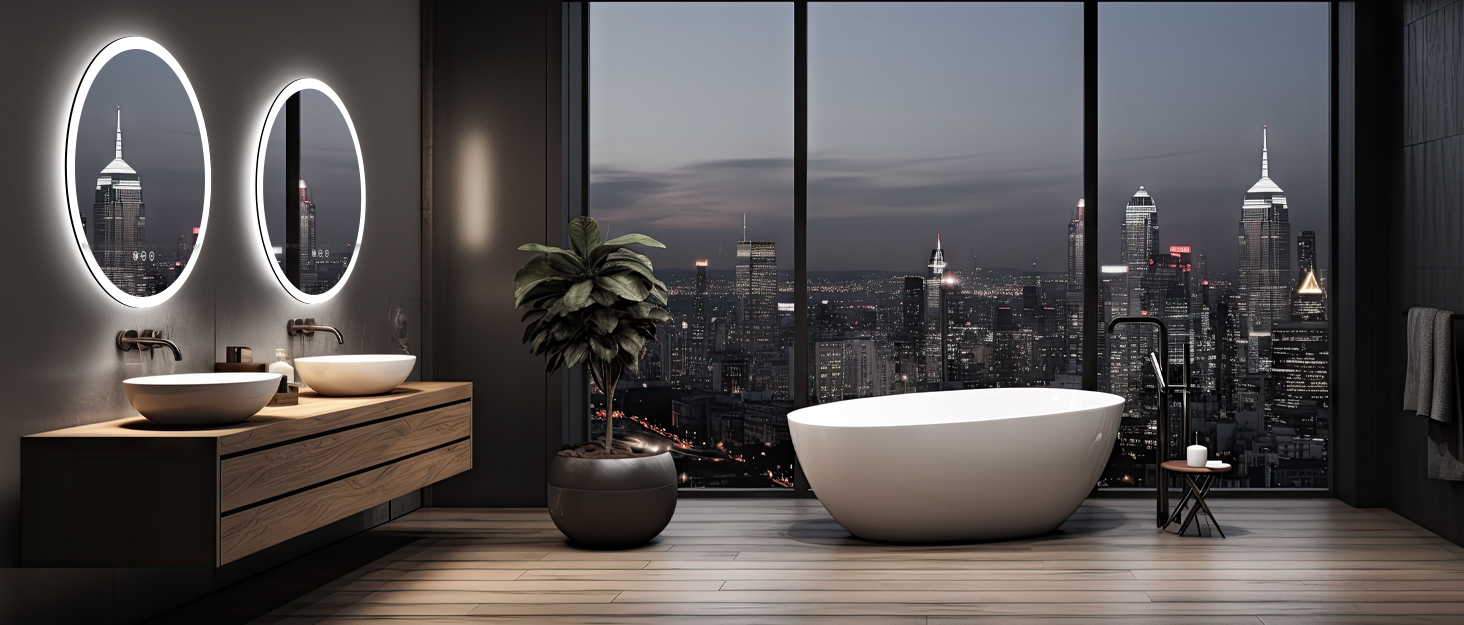 Дзеркало кругле PESENXAN 70см з підсвічуванням та чорним каркасом. Антизапарник, регулювання яскравості, 3 кольори світла, LED, сенсорне управління, функція пам'яті. Розміри: 70x70 см