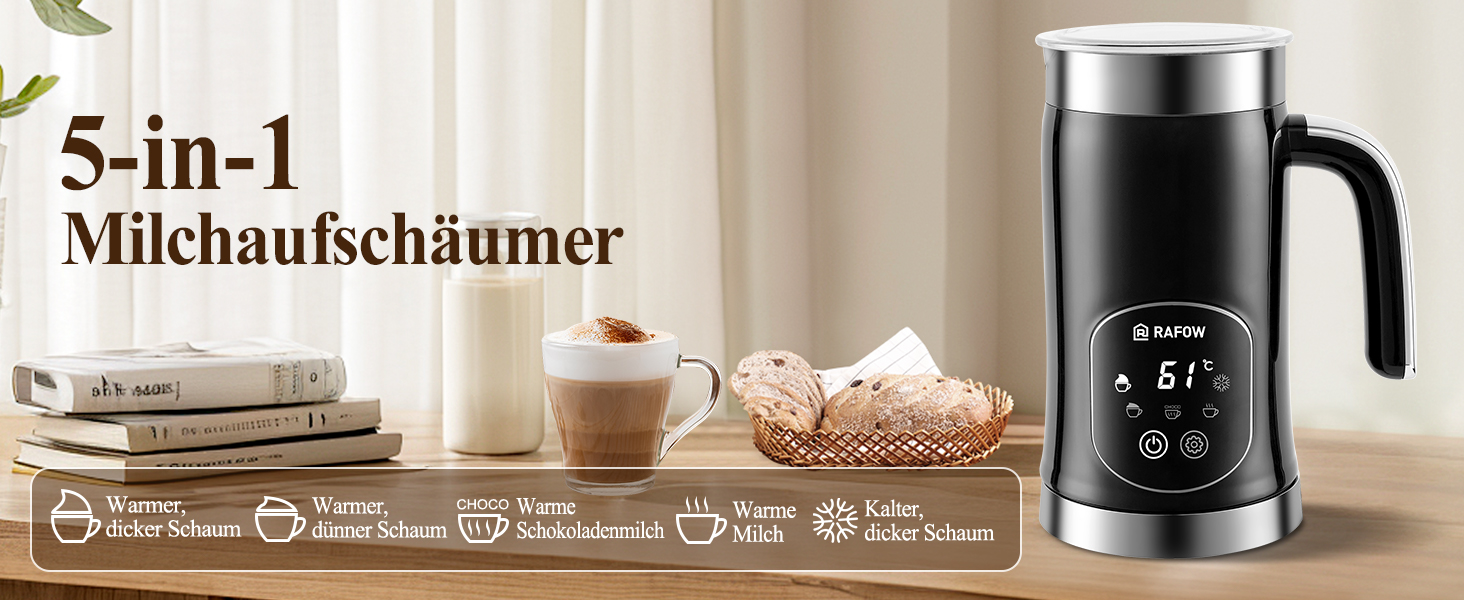 Електричний спінювач молока 5 в 1 з LED-дисплеєм, 350 мл - для капучино, лате, гарячого шоколаду