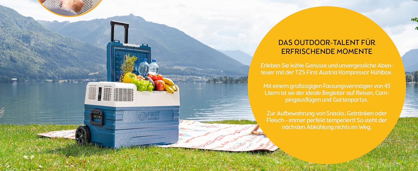 Автомобільний холодильник First Austria 43L з Bluetooth, -20°C, 12/24V/220V - блакитно-сірий