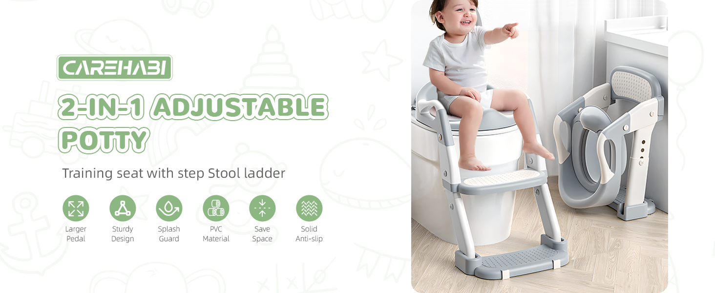 Універсальний дитячий сидіння-сходинка для унітазу 2-в-1 з PU-покриттям, регульована висота, складна конструкція, антиковзке покриття та захист від бризок