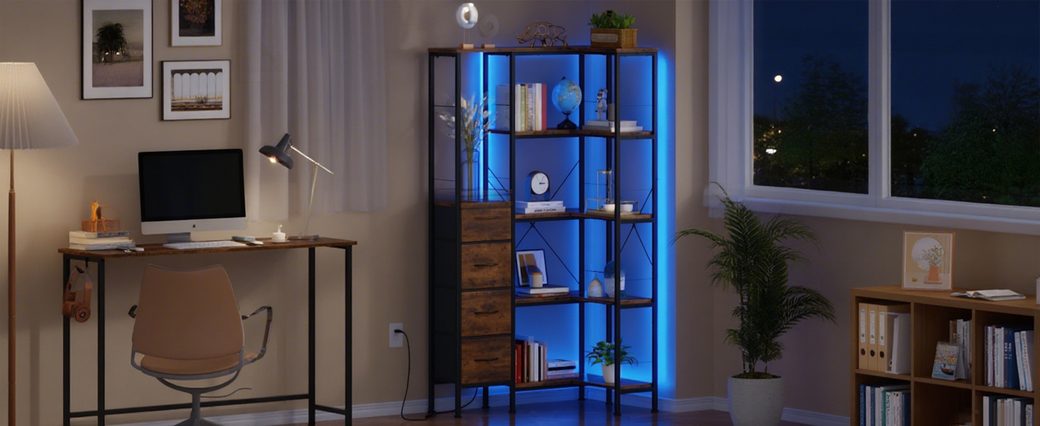 Кутовий стелаж OYRREU з 5 ярусами, LED-підсвічуванням та 4 висувними ящиками. Підходить для вітальні, спальні, офісу, кухні. Вінтажний коричневий колір.