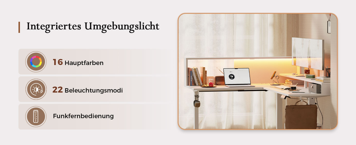 Електричний кутовий стіл Klicelor з регулюванням висоти, L-подібний стіл для стоячи роботи з 3 функціями пам'яті та антиколізійною технологією, ергономічний комп'ютерний стіл, білий (160 x 140 см) з LED-підсвічуванням та штекером